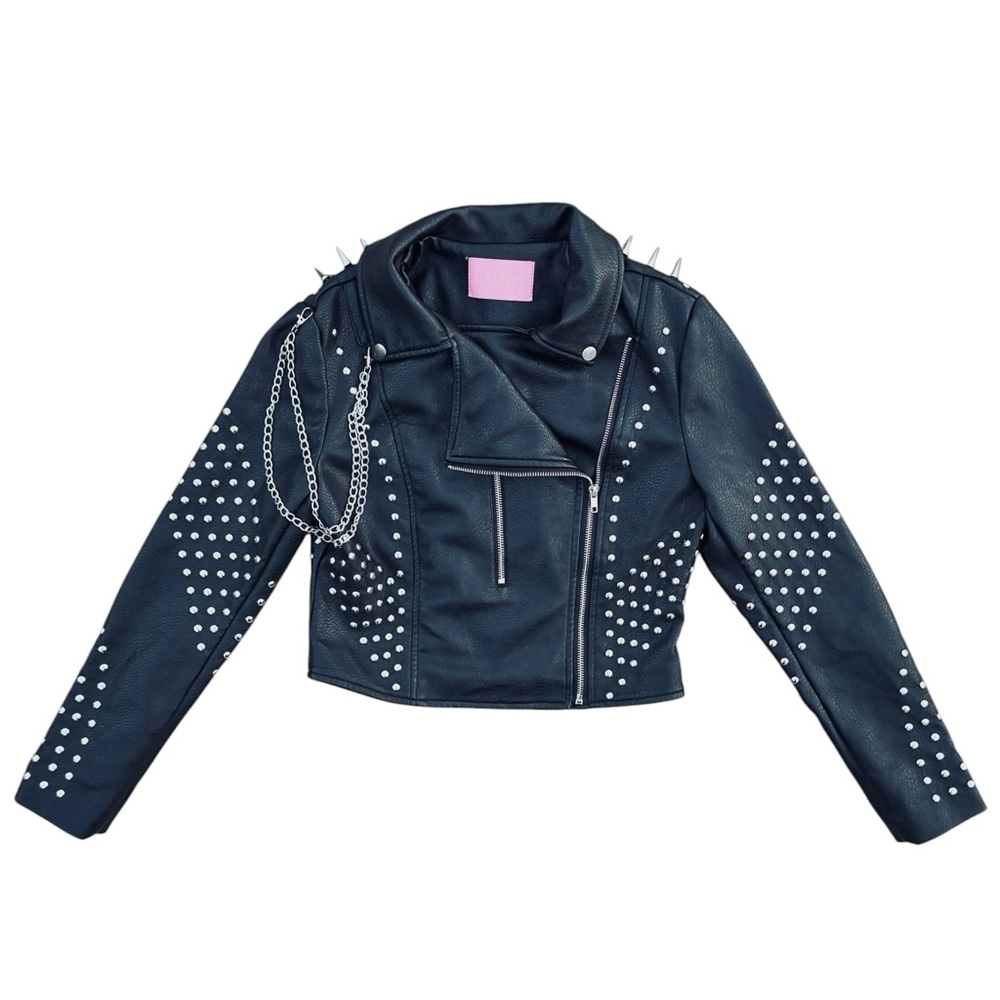 Black Studded Spiked Faux Leather Biker Jacket with Chains - Women